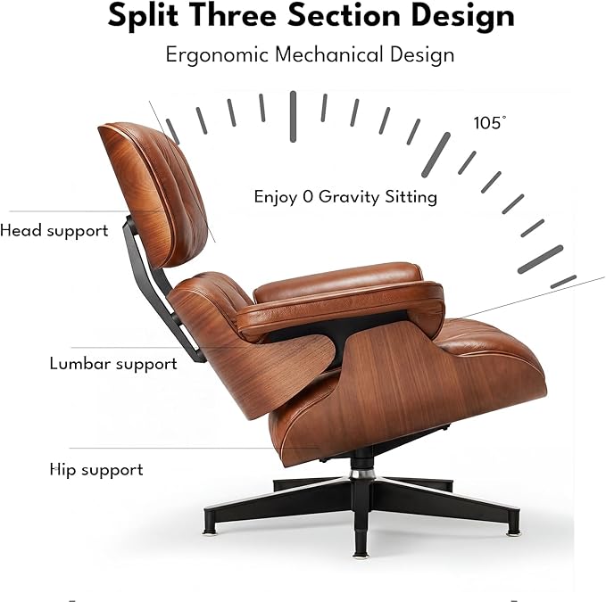 Top Grain Leather, Mid Century Chaise Lounge Chair and Ottoman, Reading Chair