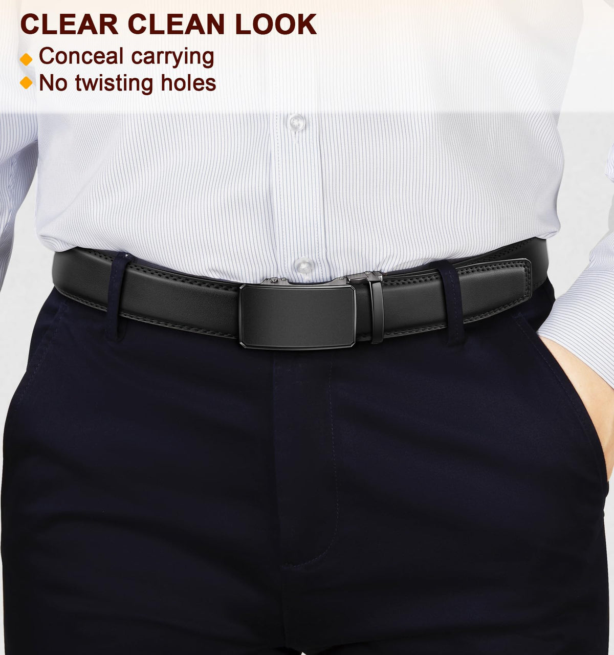 KEMISANT Men Belt 2 Pack, Leather Ratchet Belt Easy Click Slide For Men 1 3/8",Cut for Fit(Black/Deep Brown,32"-38" Waist Adjustable)
