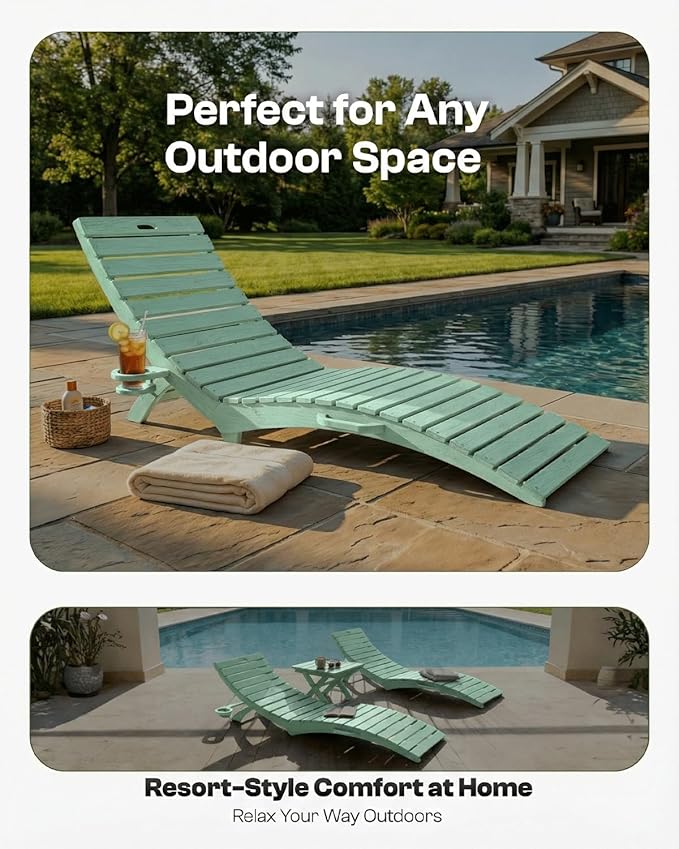 Folding HDPE Pool Lounge Chairs Set of 2, Pre-Assembled Outdoor Chaise Lounge