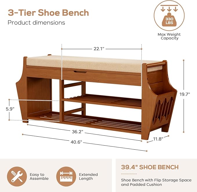 oakvivo 39.4in Shoe Bench with 2 Side Holder, 3 Tier Bamboo Entryway Bench with