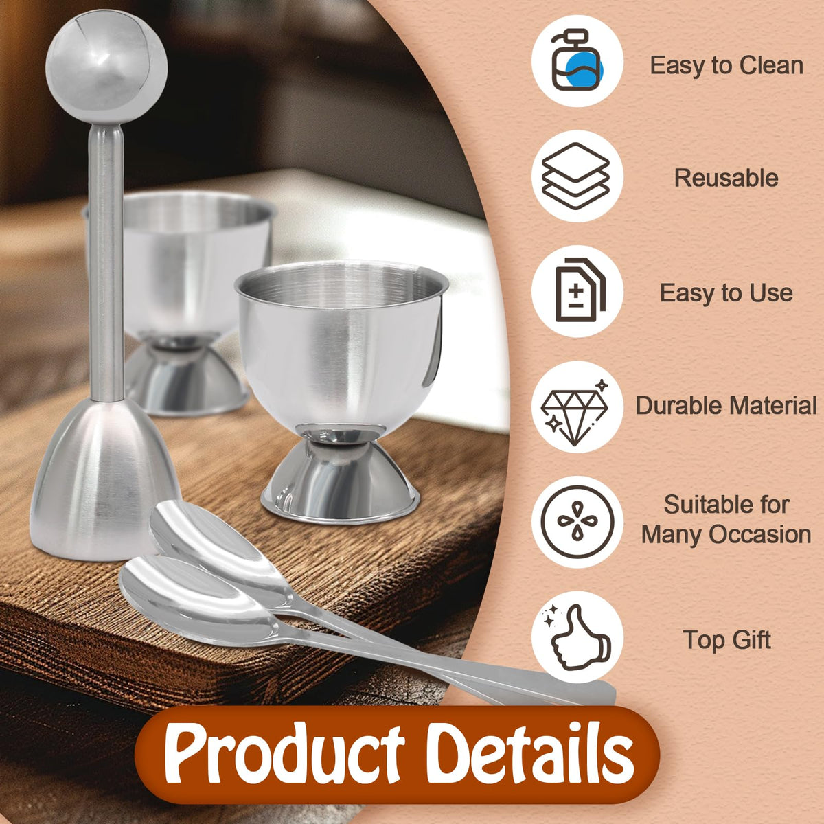 vibedor Egg Cups & Cracker Set of 5, 1 Stainless Steel Egg Topper Cutter - 2 Egg Holders for Soft Boiled Eggs - 2 Egg Spoons for Boiled Eggs