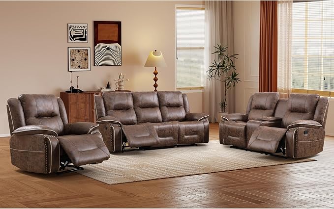 EBELLO Faux Leather Manual Recliner Sofa Set, 1 Seat Reclining Chair, a Loveseat