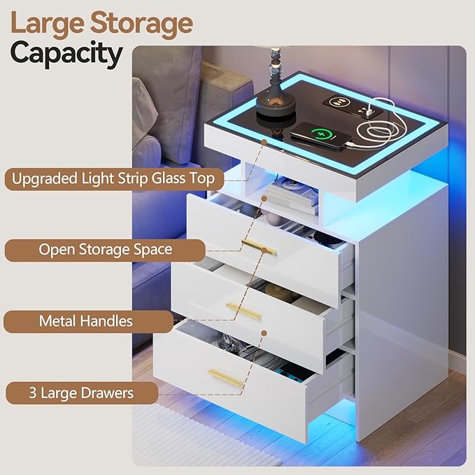 White Night Stand Set 2 with Wireless Charging Station, Smart Bedside Table