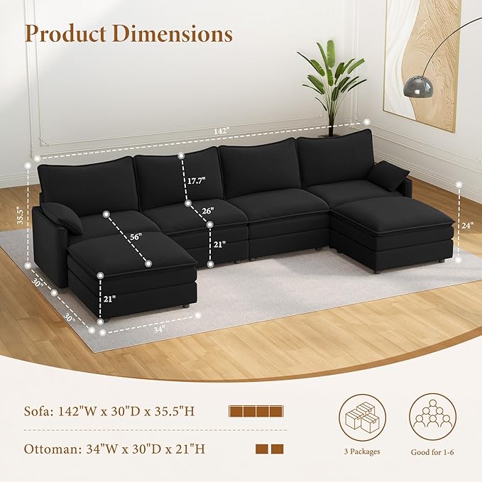 Vesgantti 142" U Shaped Sectional Couch, Comfy Cloud Modular Sectional Sofa