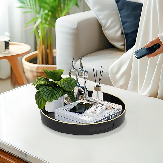 MAONAME Black Decorative Tray for Coffee Table, Modern Round Serving Tray
