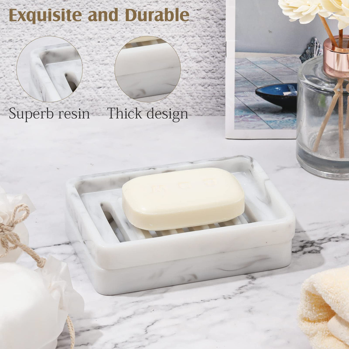 Shinowa Resin Soap Dish, Self-Draining Bar Soap Tray with Drainable Board, Dual Layer Sponge Holder for Bathroom Kitchen Shower Bathtub Sink Counter-top, Marble White