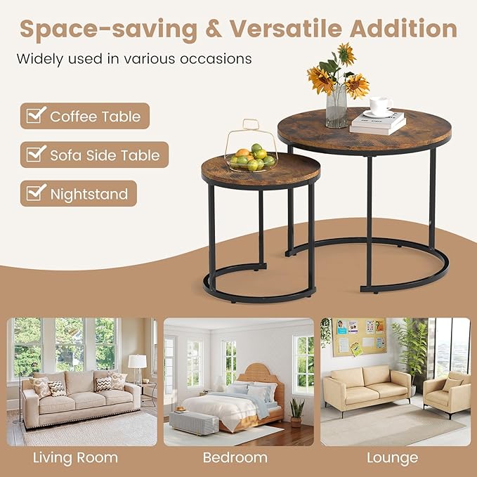 Giantex Nesting Coffee Table Set of 2, Round Stacking Side Tables w/Wooden