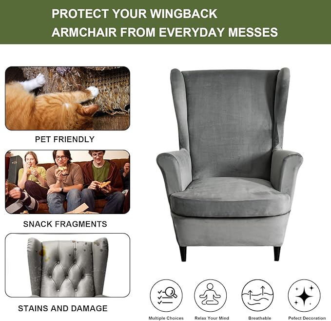 HAOYONG Velvet Wingback Armchair Covers 2-Piece Elastic Stretch Wingback Chair