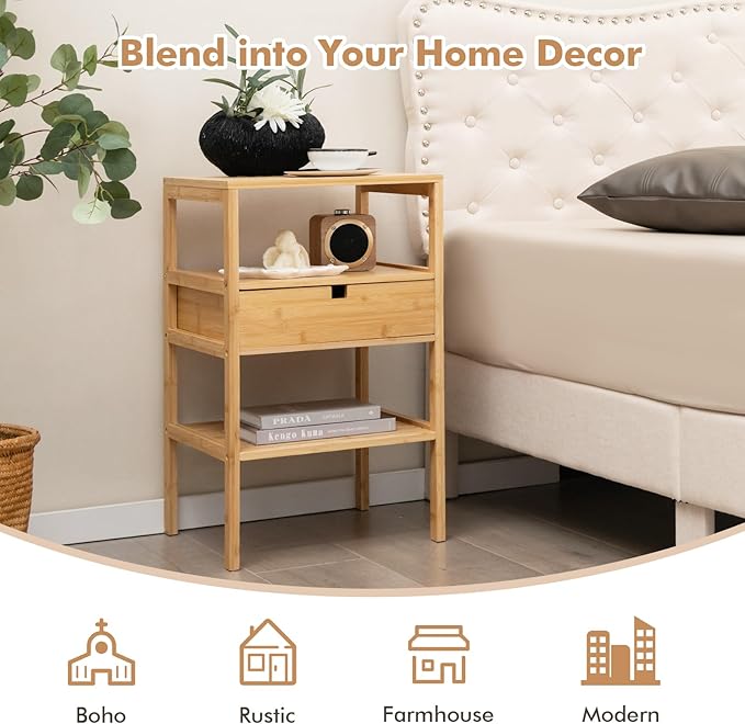 Giantex Bamboo Nightstands Set of 2, Wood Side Tables