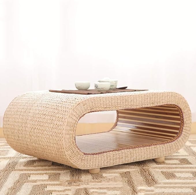 Solid Wood Japanese-Style Table and Stool Set, Including Tatami Tea Table