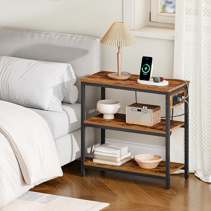 HOOBRO End Table with Charging Station, Simple Rustic Side Table with 3-Tier