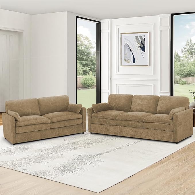 Comfy Chenille Sofa Set with Well-Filled Pillows, Modern 3 Seater and Loveseat