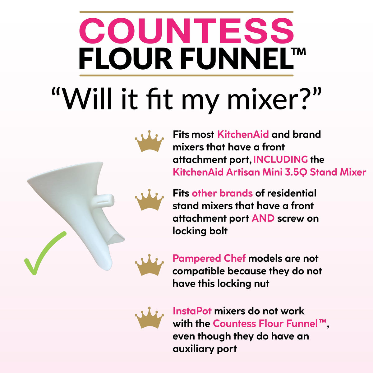 Countess Flour Funnel™ - Stand Mixer Attachment by The Cookie Countess (White)