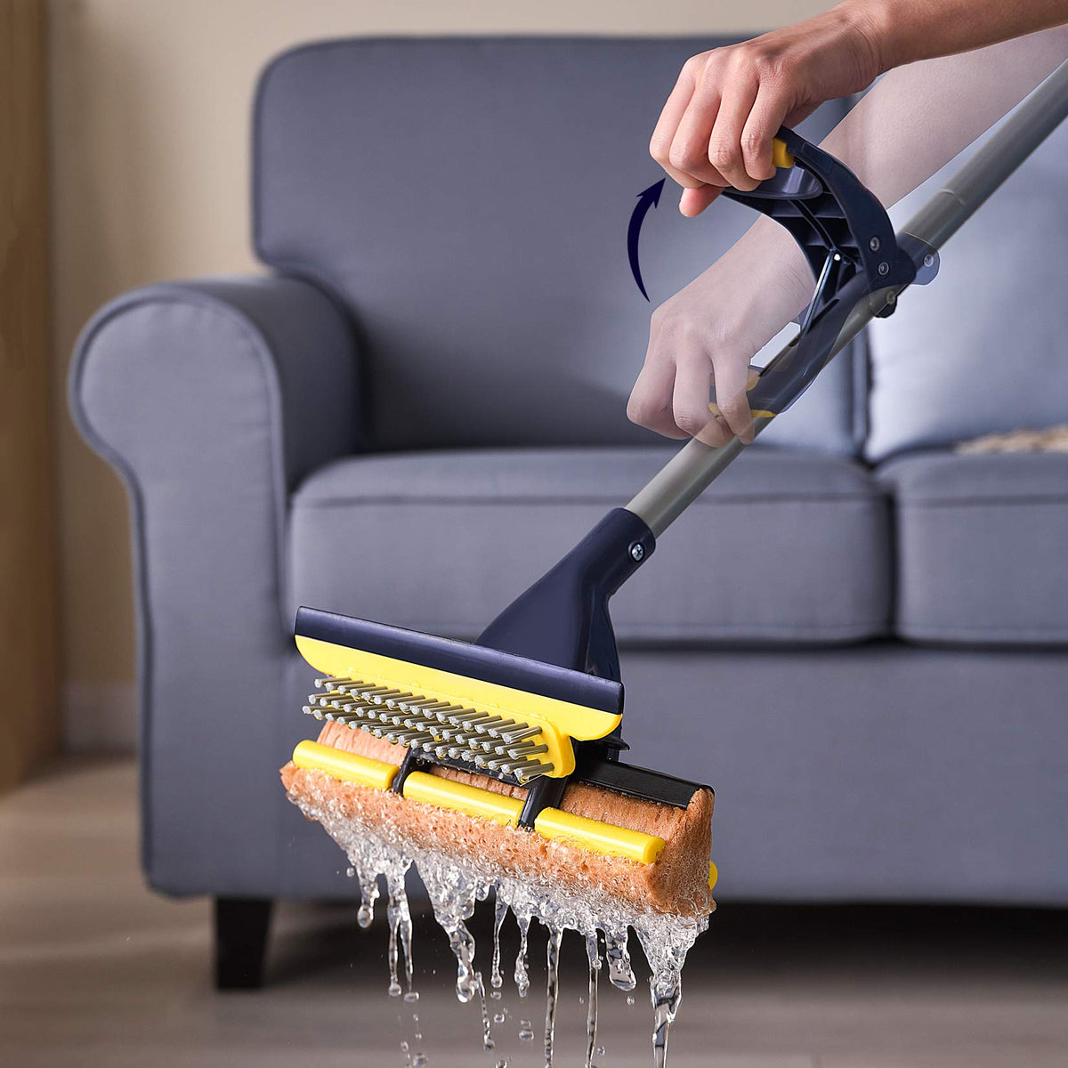 Yocada Sponge Mop Home Commercial Use Tile Floor Bathroom Garage Cleaning with Squeegee and Extendable Telescopic Long Handle 42-52 Inches Easily Dry Wringing