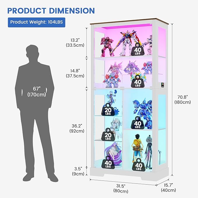 Gurexl Display Cabinet with Motion Sensor LED Lights, Glass Curio Cabinet with