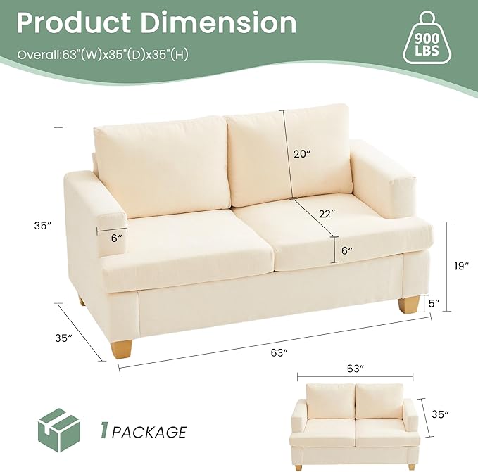 YOUDENOVA Sofa, 63” Comfy Loveseat Sofa Couch