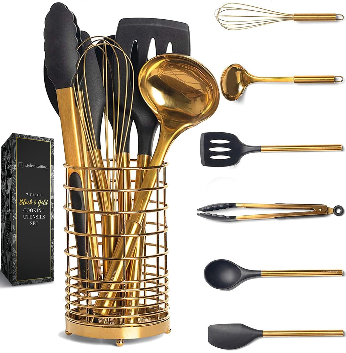 Black and Gold Kitchen Utensils Set - 7-Piece Silicone Cooking Tools with Gold Utensil Holder for Nonstick Cookware and Modern Kitchens - Stylish Luxury Kitchen Accessories