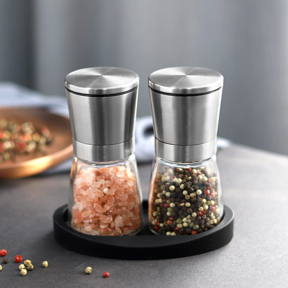 VEVOK CHEF Salt and Pepper Grinder Set Stainless Steel Adjustable Coarseness Ceramic Pepper Mill Salt Crusher with Silicone Tray Salt and Pepper Shaker Spice Grinder Kitchen