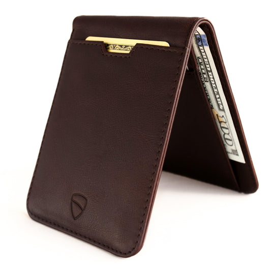 Vaultskin MANHATTAN Slim RFID Blocking Bifold Leather Wallet for Men - Minimalist Front Pocket Card Holder, Holds 9 Cards & Cash, Premium Italian Leather (Brown)