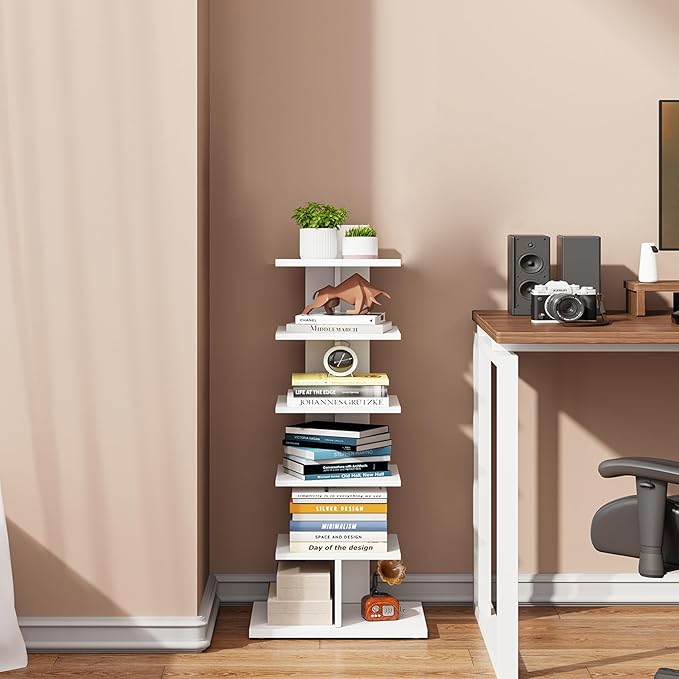 TUTOTAK Narrow Bookshelf, 6-Tier Bookcase, Spine Book Shelf
