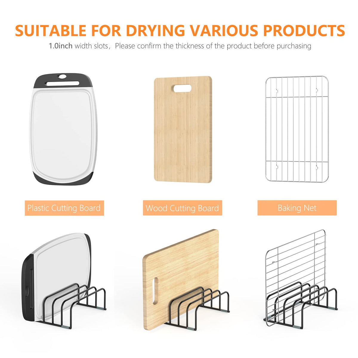 KORRTFID Cutting Board Storage Rack, Compact Cutting Board Organizer, Chopping Board Storage Stand Rack, Bakeware & Cookie Pan Sheets Organizer (1.0 Inch Width Slots)