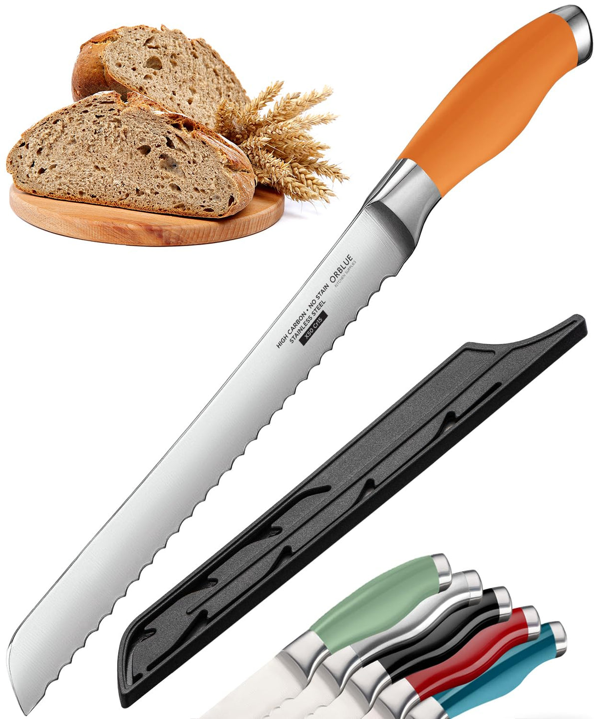 Orblue Serrated Bread Knife with 10-inch Upgraded Stainless Steel Razor Sharp Wavy Edge Width - Bread Cutter Ideal for Slicing Homemade Bagels and Cake, Orange