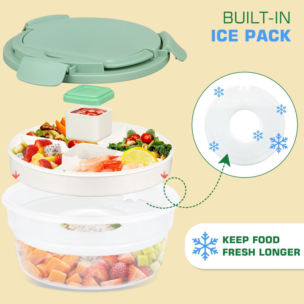 Reeple Salad Container for Lunch, Bento Lunch Box 58-oz with 4 Compartments Tray and Ice Pack, Leak-Proof Salad Bowl with Lid for Adults, BPA-Free Lunch Box for Meal Prep & Food Storage(Green)