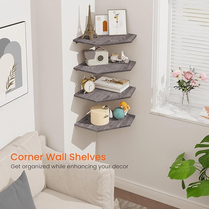 Homode Corner Shelf Wall Mount, Wall Shelf Organizer, Wood Hanging Storage