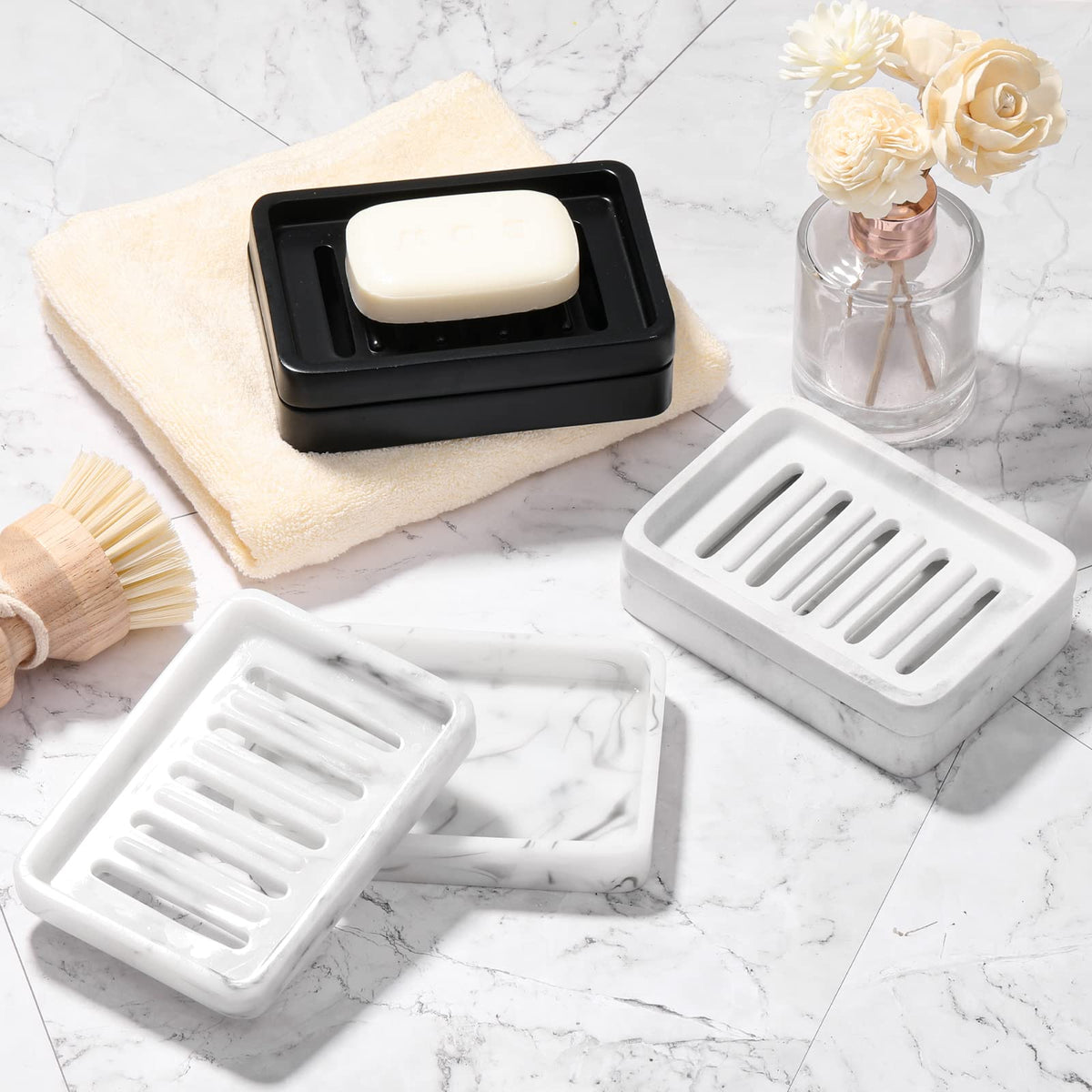 Shinowa Resin Soap Dish, Self-Draining Bar Soap Tray with Drainable Board, Dual Layer Sponge Holder for Bathroom Kitchen Shower Bathtub Sink Counter-top, Marble White