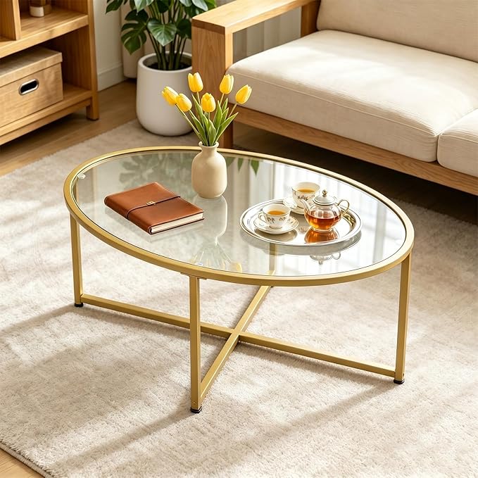 Wolawu Coffee Table Gold Oval Glass Coffee Tables