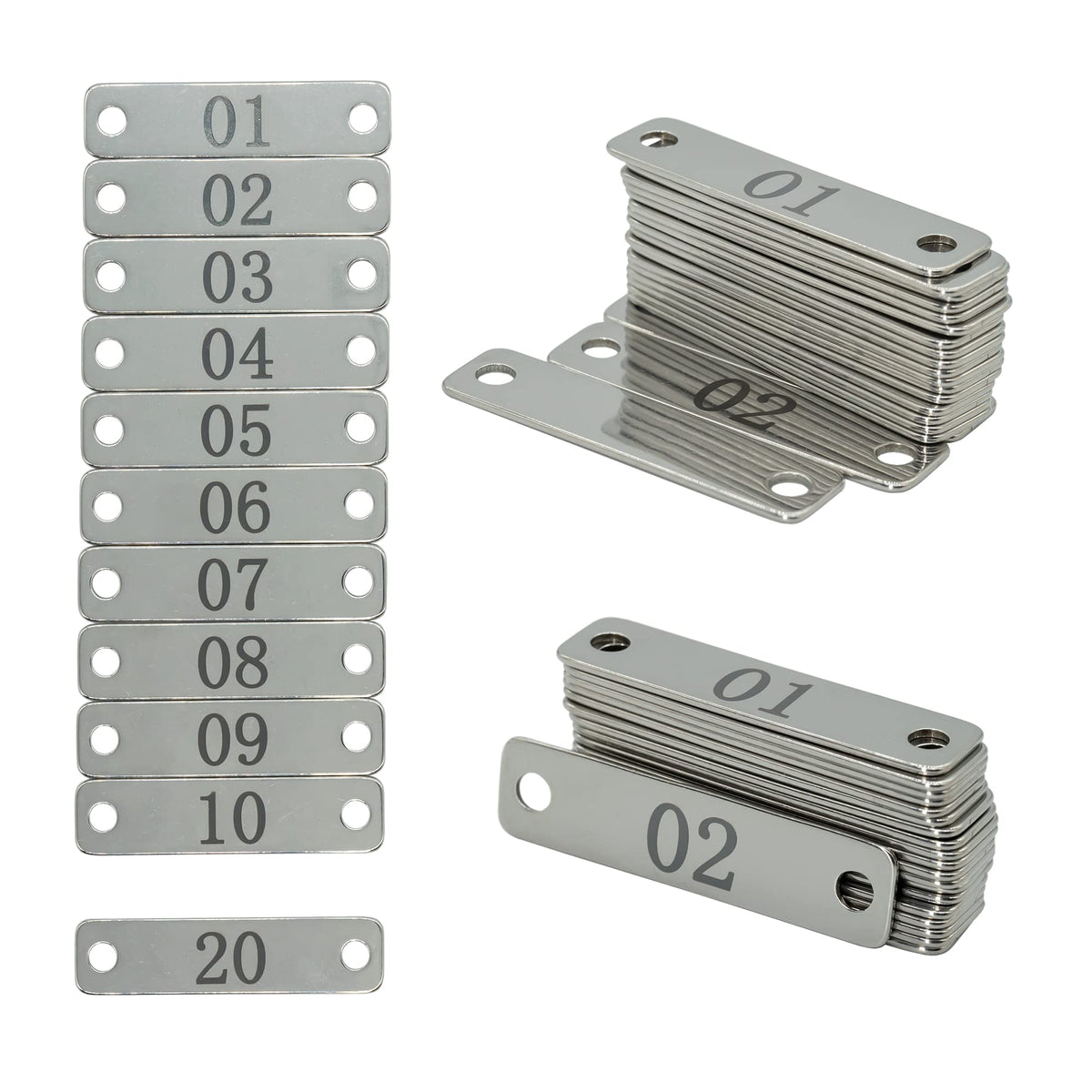 StayMax Small Stainless Steel Rectangle Numbered Tags with Two Holes 4cm*1cm (1-20)