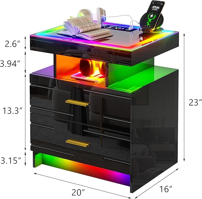 HNEBC RGB Nightstand with Wireless Charging Station, LED Night Stand with
