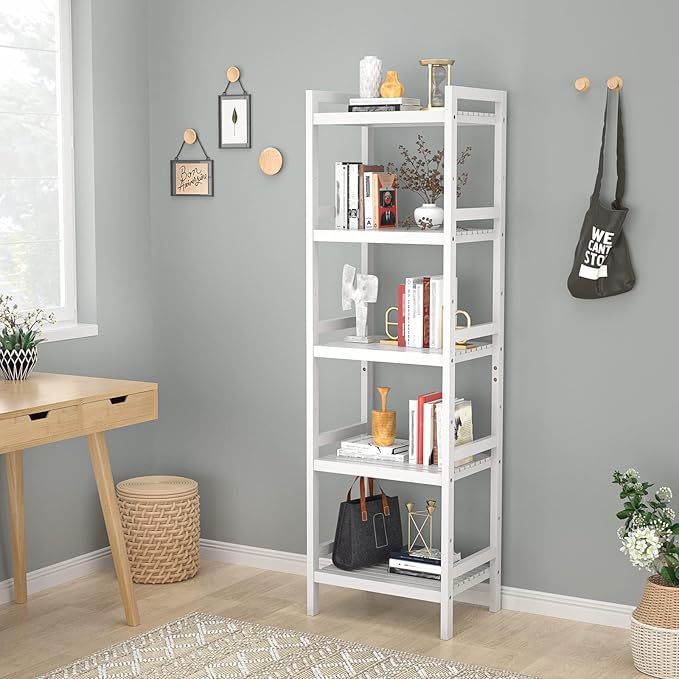 Homykic Bamboo Bookshelf, 5-Tier Narrow 55.9” Adjustable Book Shelf Bookcase