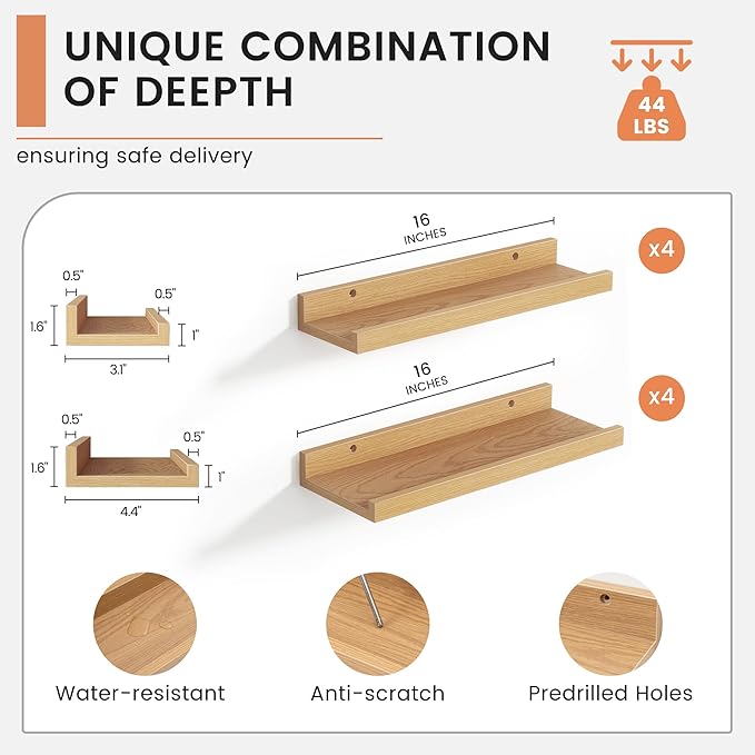 Floating Picture Ledge Shelves Set of 8, 16 Inch Shelves