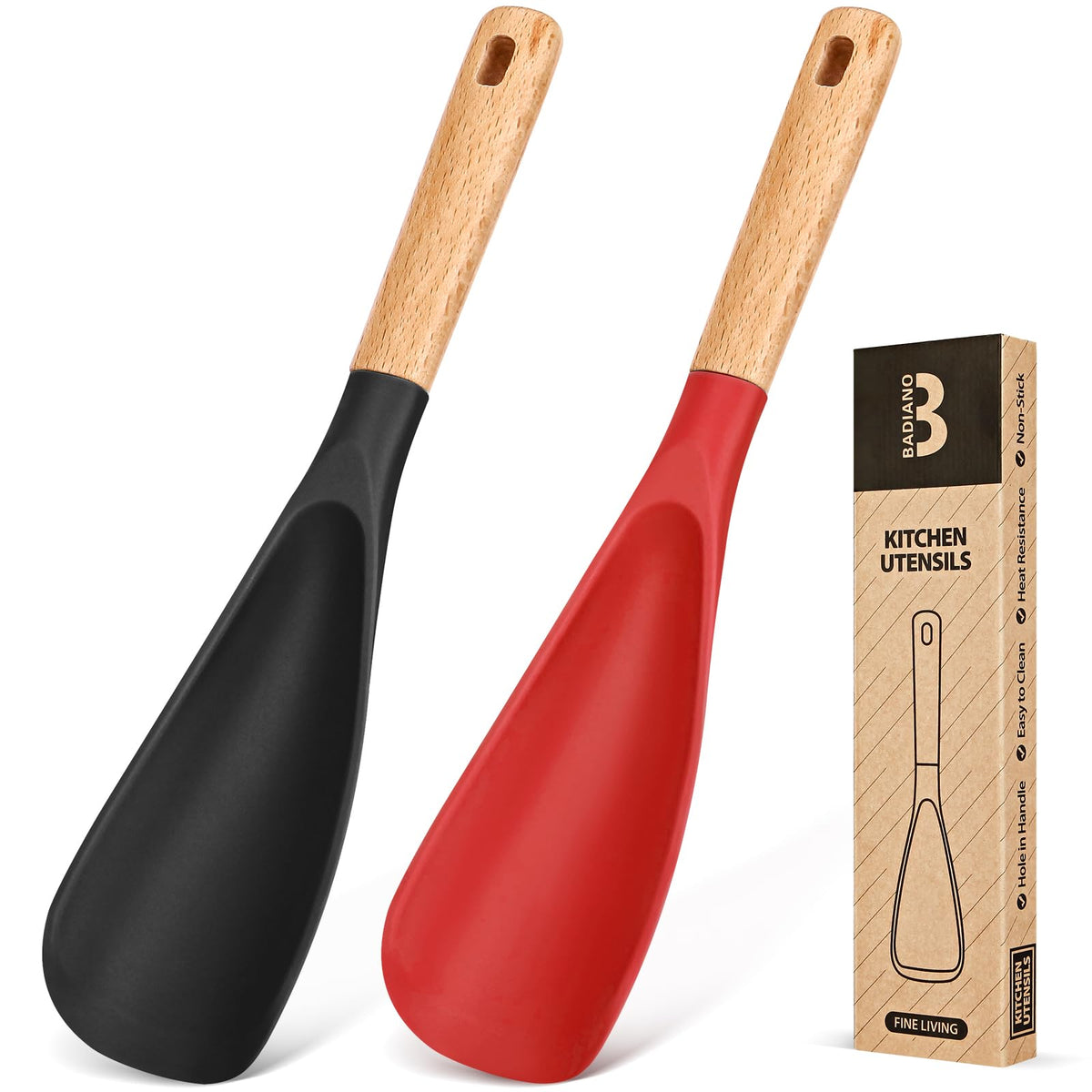 Cooking Spoon for Nonstick Cookwares, Great for Cooking and Serving Sturdy BPA-Free Matte Silicone, Wood Handle Spoon for Mixing, Scoop, and Scrape (Black & Red, 11.4 inch)