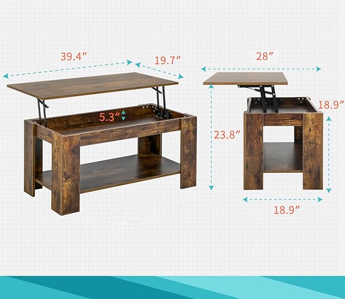FDW Lift Top Coffee Table with Hidden Compartment and Storage Shelf Wooden Lift