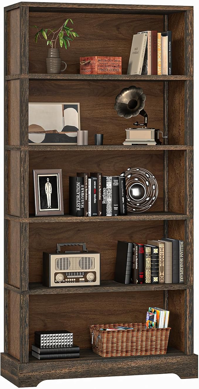 TVU 5-Tier Solid Wood Book Shelf, Floor Standing Bookcase, Farmhouse Style Book