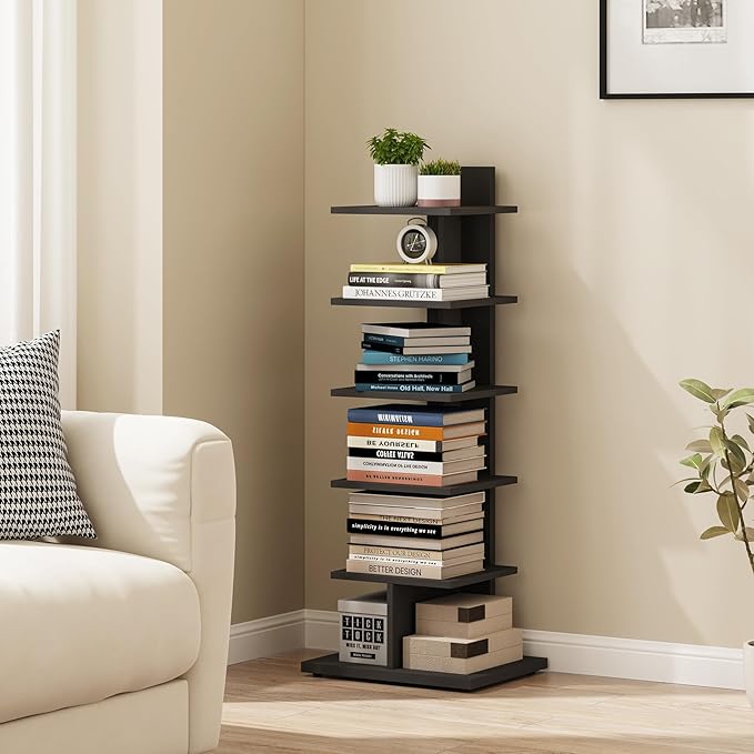 TUTOTAK Narrow Bookshelf, 6-Tier Bookcase, Spine Book Shelf