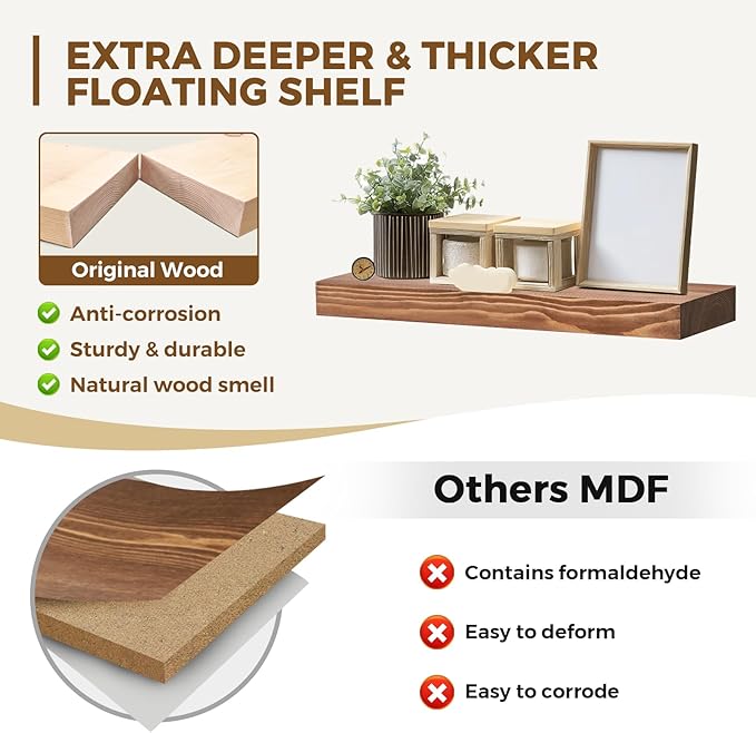 17x8x1.6 inch Floating Shelves Set of 2 – Solid Wood Rustic Brown Wall Mounted