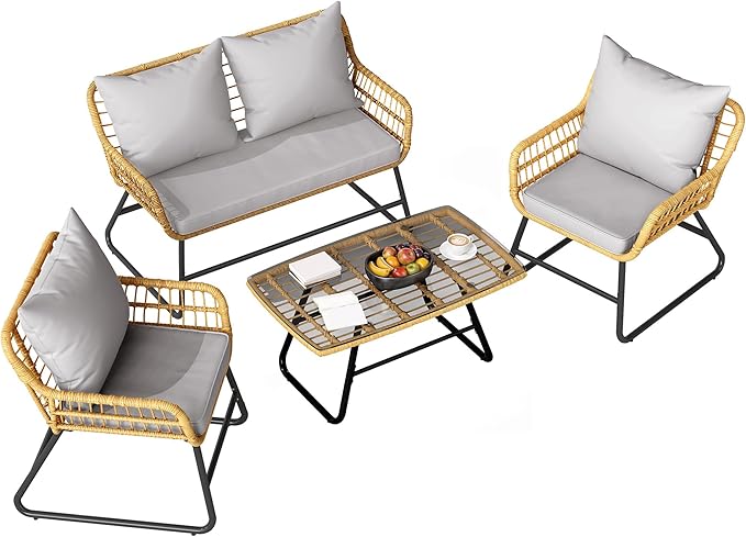 DWVO Outdoor Conversation Set 4 Piece, Outdoor Wicker Bistro Set