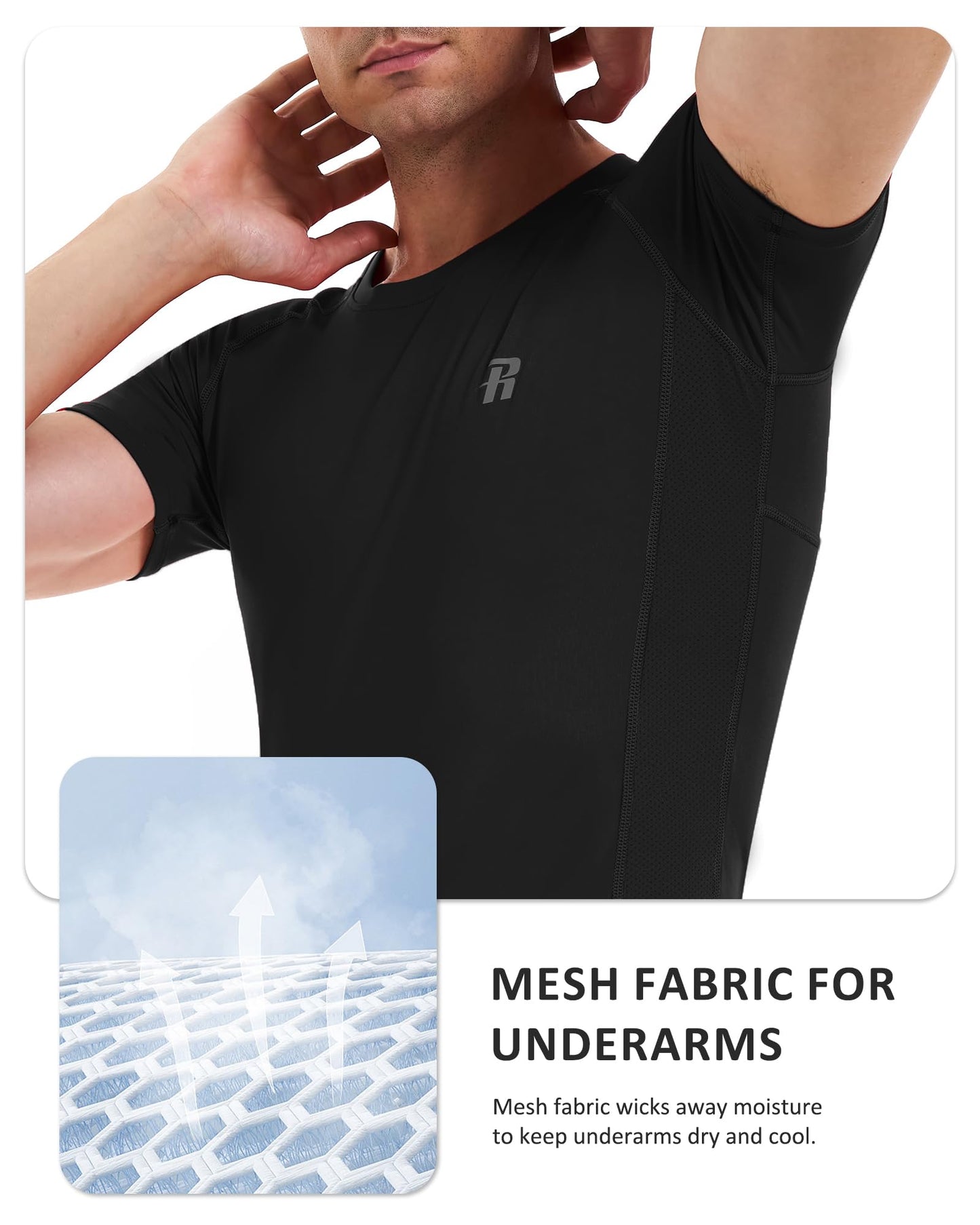 Runhit Mens Compression Shirt Short Sleeve Black Compression Shirt Men Quick Dry Cool T-Shirt Sports Workout Base Layer L
