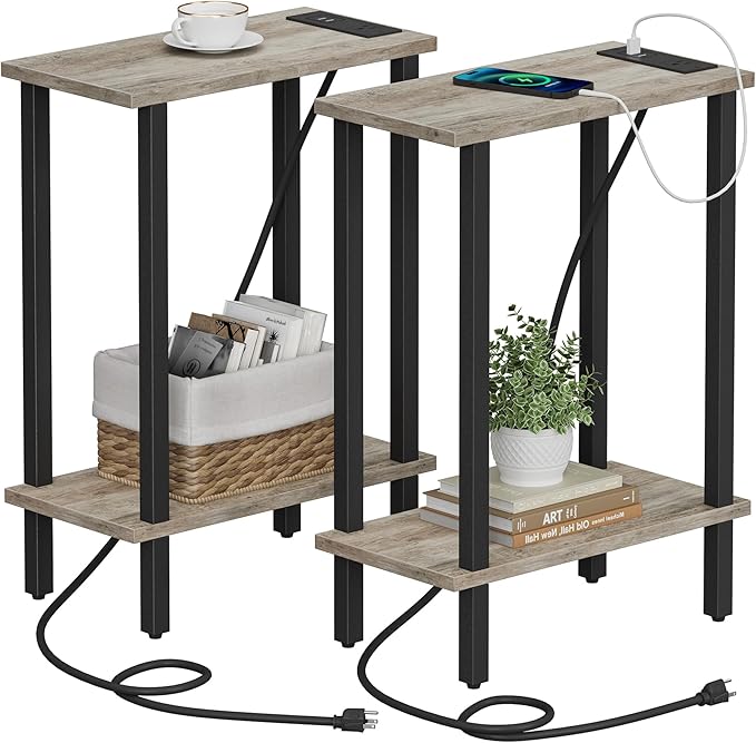 TUTOTAK Small End Table with Charging Station, Narrow Side Table with USB Ports