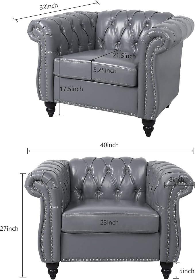 ORRD 2 Piece Living Room Set, Chesterfield Leather Sofa Couch Chair