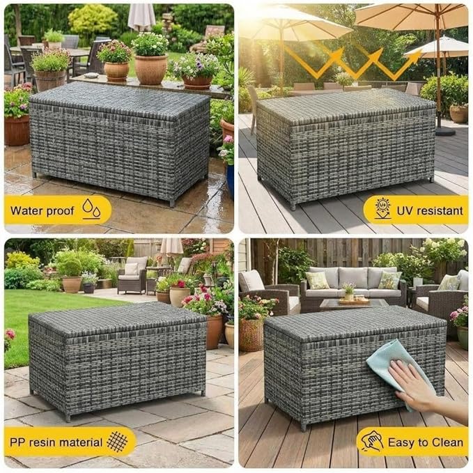 GarveeLife Medium Outdoor Wicker Storage Box, PE Rattan Patio Storage Chest