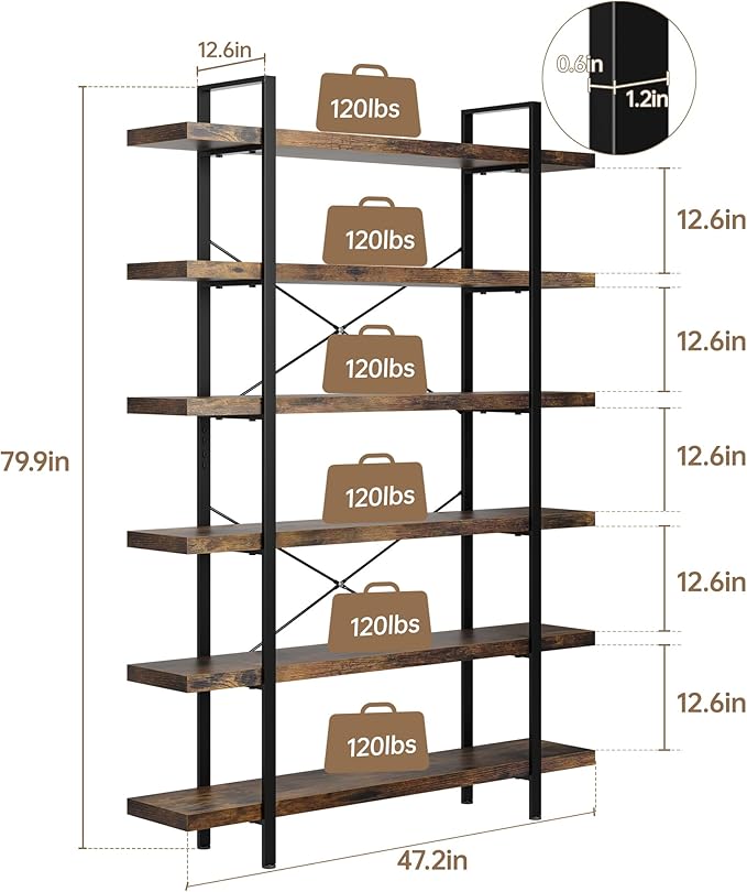 OtterOasis Heavy Duty 6-Tier Industrial Bookcase, 120lbs Shelf Capacity