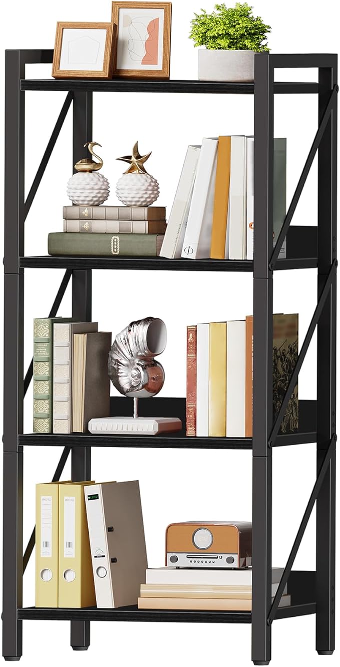 HOOBRO Bookshelf, 4-Tier Industrial Bookcase, Book Shelf Storage Organizer