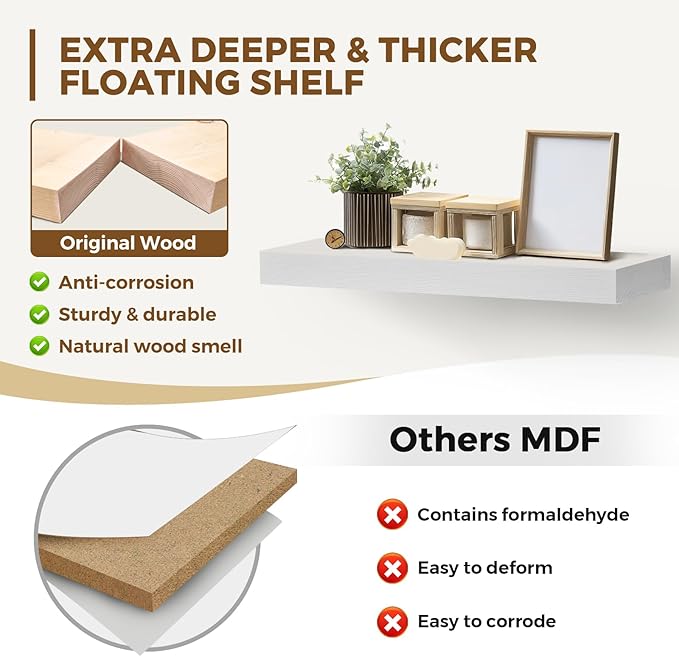 24x8x1.6 inch Floating Shelves Set of 2 – Solid Wood Rustic White Wall Mounted