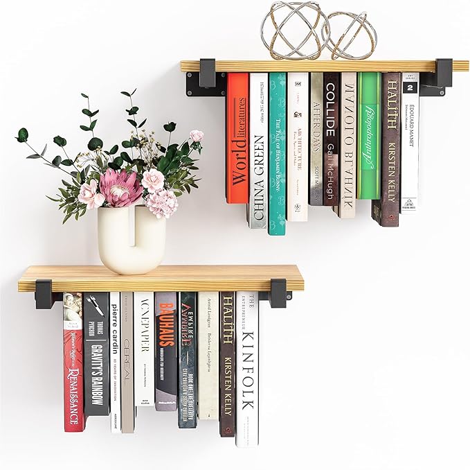 NANATI 2 Set of Floating Bookshelf, Pine Wood Invisible Bookshelf, Hanging