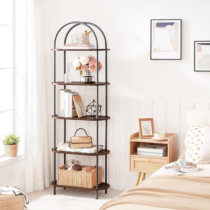 HOOBRO 5 Tier Open Bookshelf, Industrial Arched Bookcase Display Shelf Rack