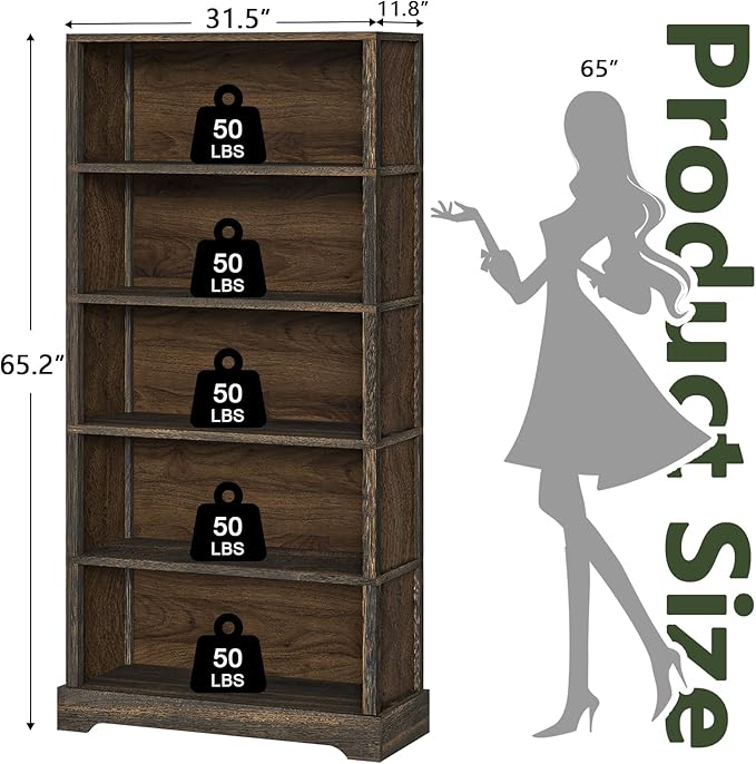 TVU 5-Tier Solid Wood Book Shelf, Floor Standing Bookcase, Farmhouse Style Book
